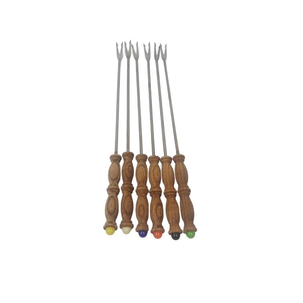Vintage Fondue Forks, Set of 6, Wood & Stainless Steel Stand, Wood Handles Retro